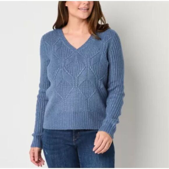 ST. JOHN’S BAY Women’s Pullover Sweater XL Denim Blue V Neck Long Sleeve NWT - Picture 2 of 15